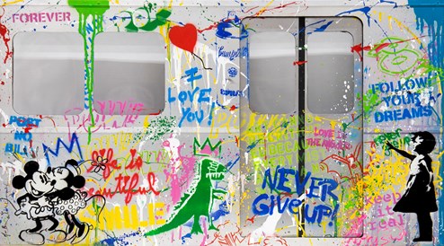 Subway - Never Give Up by Mr. Brainwash - Stencil and Mixed Media on Aluminium
