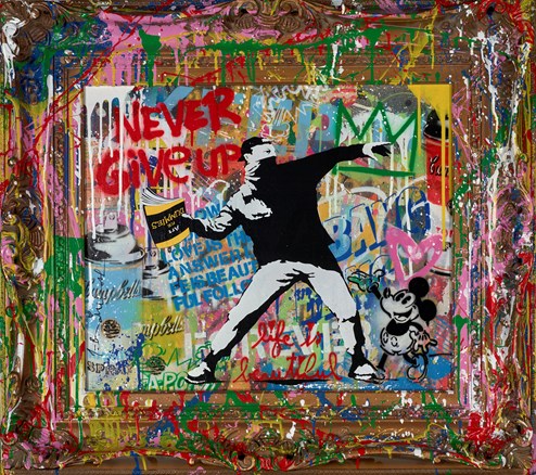 Banksy Thrower by Mr. Brainwash - Stretched Canvas with Vandalised Frame