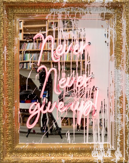 Never, Never Give Up! by Mr. Brainwash - Neon and Acrylic on Framed Mirror