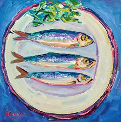 Three Little Herrings by Jeffrey Pratt - Original Painting on Board sized 12x12 inches. Available from Whitewall Galleries