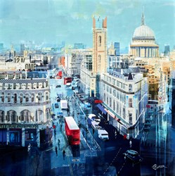 Queen Victoria Street Buses by Tom Butler - Original Collage on Board sized 30x30 inches. Available from Whitewall Galleries