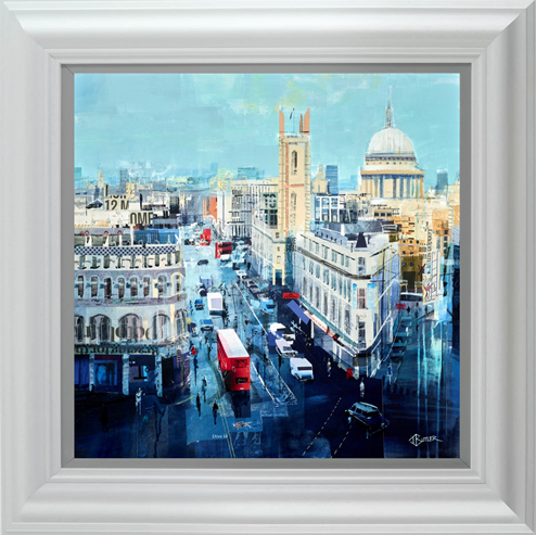 Queen Victoria Street Buses by Tom Butler - Framed Original Collage on Board