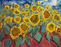 Provencal Sunflowers by Jeffrey Pratt - Original Painting on Board sized 26x24 inches. Available from Whitewall Galleries