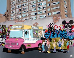 Ice Cream Van and Flats by Dylan Izaak - Original Painting on Aluminium sized 39x32 inches. Available from Whitewall Galleries