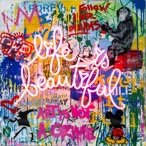 Life is a Comic Book by Mr. Brainwash - Neon Light and mixed media in plexi glass box
