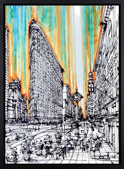 Fifth Avenue Stroll at the Flat Iron by Ingo - Framed Original Painting on Box Canvas