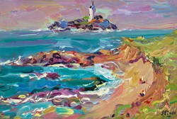 Godrevy Lighthouse, West Cornwall by Jeffrey Pratt - Original Painting on Board sized 12x8 inches. Available from Whitewall Galleries