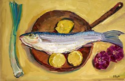 Delicious Grey Mullet, Cornwall by Jeffrey Pratt - Original Painting on Board sized 26x17 inches. Available from Whitewall Galleries