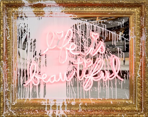 Life Is Beautiful by Mr. Brainwash - Neon and Acrylic on Framed Mirror
